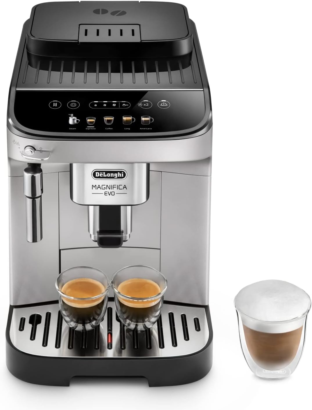 De'Longhi Magnifica Evo ECAM 292.33.SB Macchina da caffè automatica con lancia vapore, 5 pulsanti diretti per espresso, caffè e specialità di caffè, pannello di controllo intuitivo, funzione 2 tazze, argento/nero