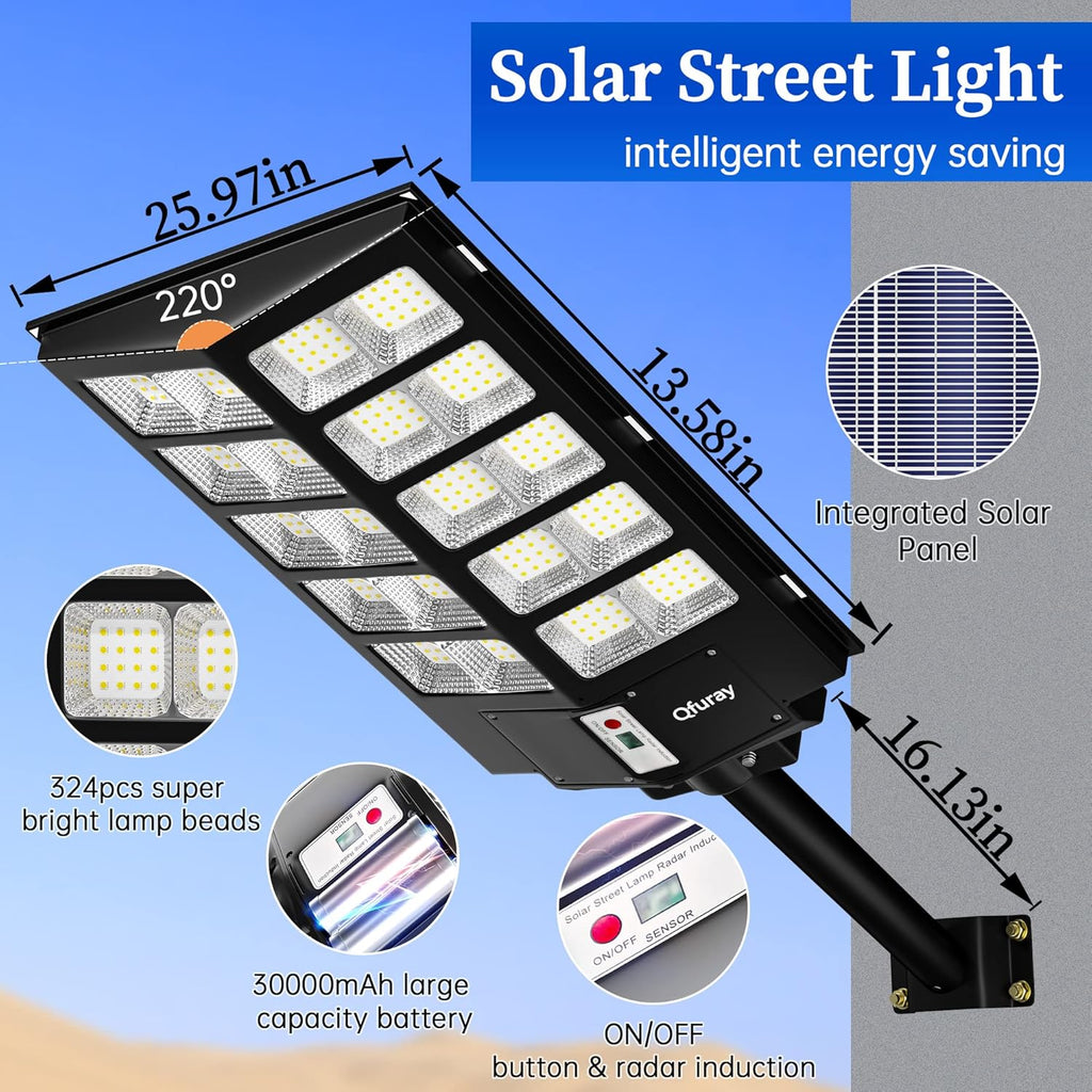 Ofuray 2000W Solar Straßenlaterne für Außen, 200000LM Solarlampen für Außen mit Bewegungsmelder, 6500K Solarleuchten Dämmerung bis zum Morgengrauen, IP67 Wasserdichte wegeleuchte für Parkplatz, Hof