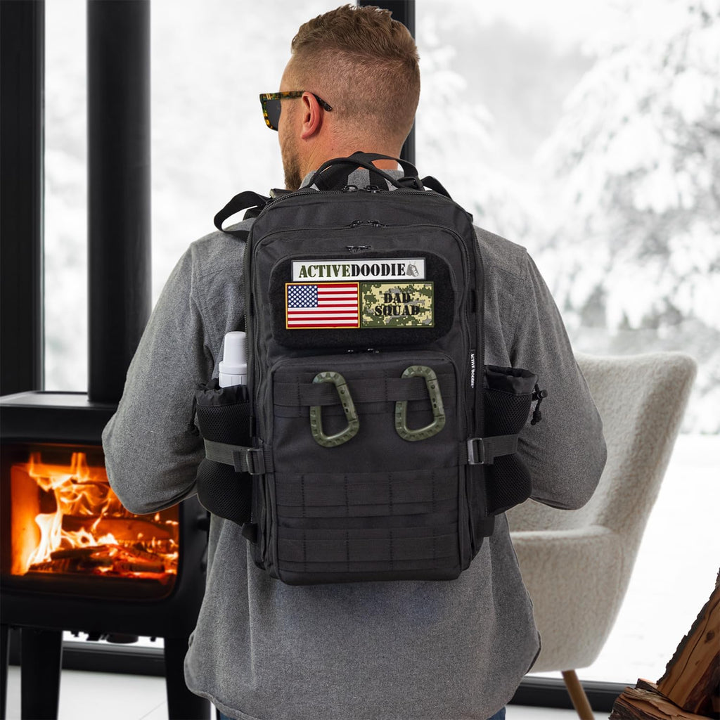 ActiveDoodie Wickeltasche mit taktischer Vorteilspackung, Wickelunterlage, Kinderwagengurte, Babyflaschen-Tasche, Dad Squad Patches, Herren-Wickeltasche
