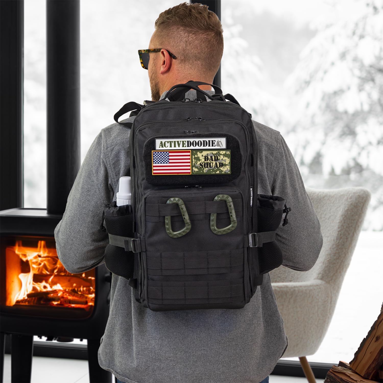 ActiveDoodie Wickeltasche mit taktischer Vorteilspackung, Wickelunterlage, Kinderwagengurte, Babyflaschen-Tasche, Dad Squad Patches, Herren-Wickeltasche