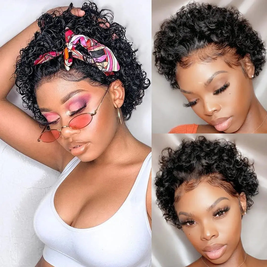 Lockiger Pixie Cut Perücke Kurzer Bob Echthaar Lace Front Perücken Vorgezupft Mit Babyhaaren Deep Curly Klebstofffreie Bob Perücken  Für Frauen 1B