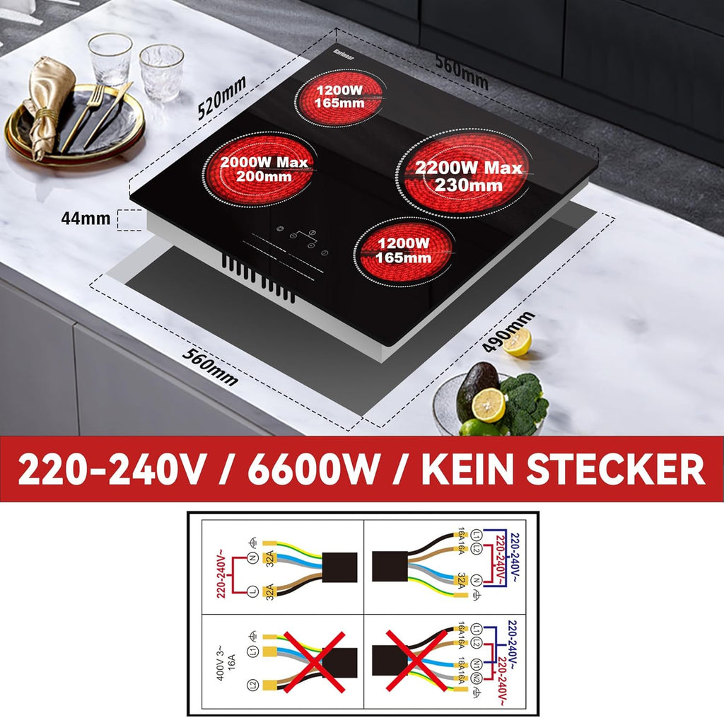 Karinear Einbau-Kochfeld aus Glaskeramik, 4 Kochfelder, mit doppelter ausziehbarer Zone, integrierter elektrischer Tisch mit Touch-Steuerung, Timer, Verriegelung für Kinder, 6600 W