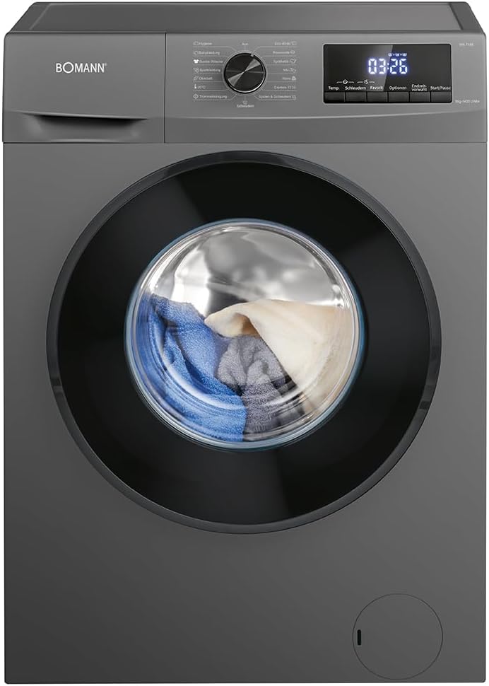 Bomann® Lavatrice 8kg | max. 1400 giri/min | 10 anni di garanzia sul motore | motore inverter robusto, silenzioso e durevole | 15 programmi di lavaggio | display LED | con funzione vapore | WA 7185 Titan - Nero
