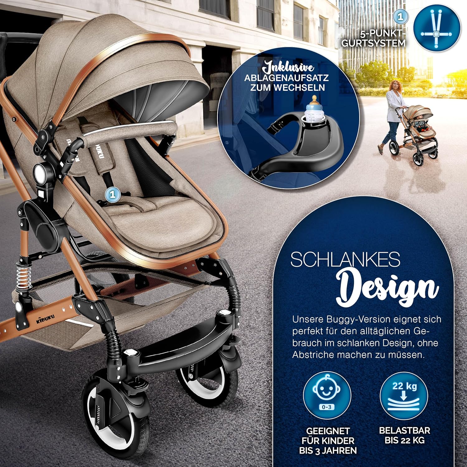 KIDUKU® Set completo passeggino 3 in 1 | Set passeggino combinato con navicella e sedile sportivo passeggino e seggiolino auto ovetto sacco a pelo | Ruote in gomma piena borsa per il cambio scaldamani parapioggia tavolino ECE R129