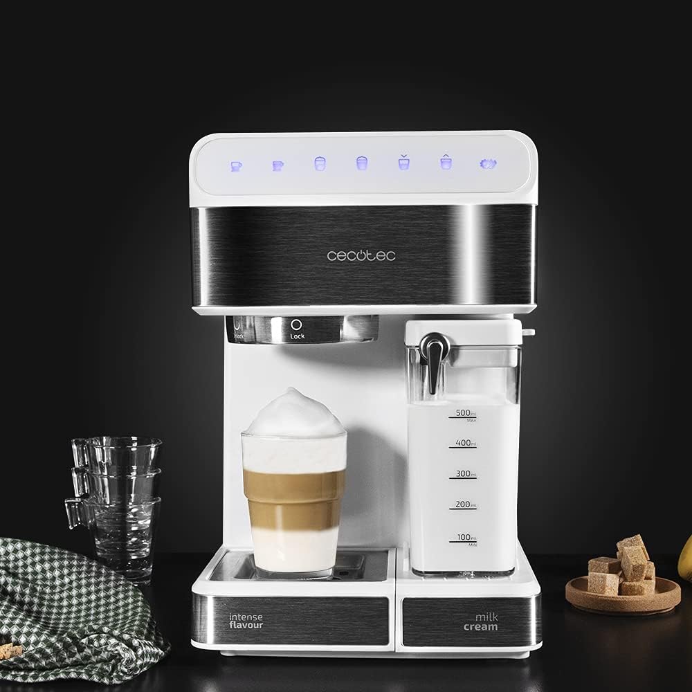 Cecotec Halbautomatische Espressomaschine Power Instant-ccino 20 Touch Serie Nera. 1350 W, 20 Bar Druck, 500 ml Milchtank, Touch-Steuerung, 1,4 Liter Wassertank, Edelstahl-Finish
