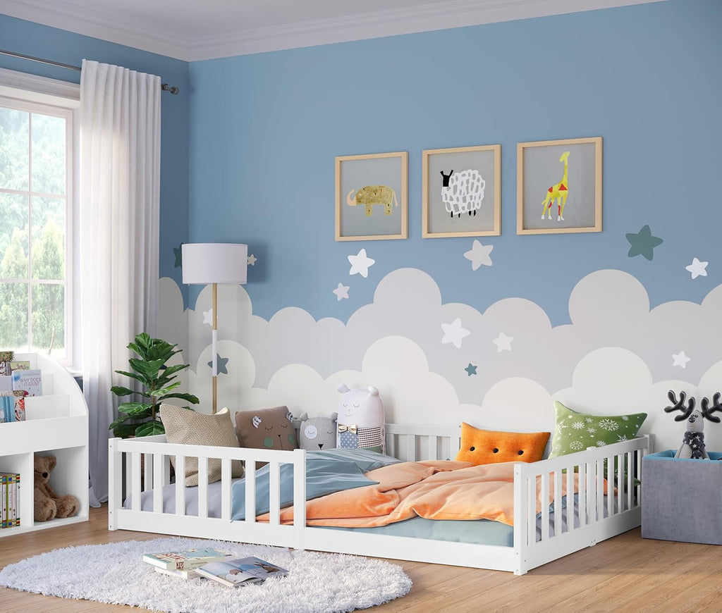 Bellabino Vere Letto a Pavimento 140x200 Montessori, Letto Matrimoniale con Protezione Anticaduta e Rete a Doghe, Letto per Bambini e Bambine in Legno Massello di Pino Bianco con Sbarre