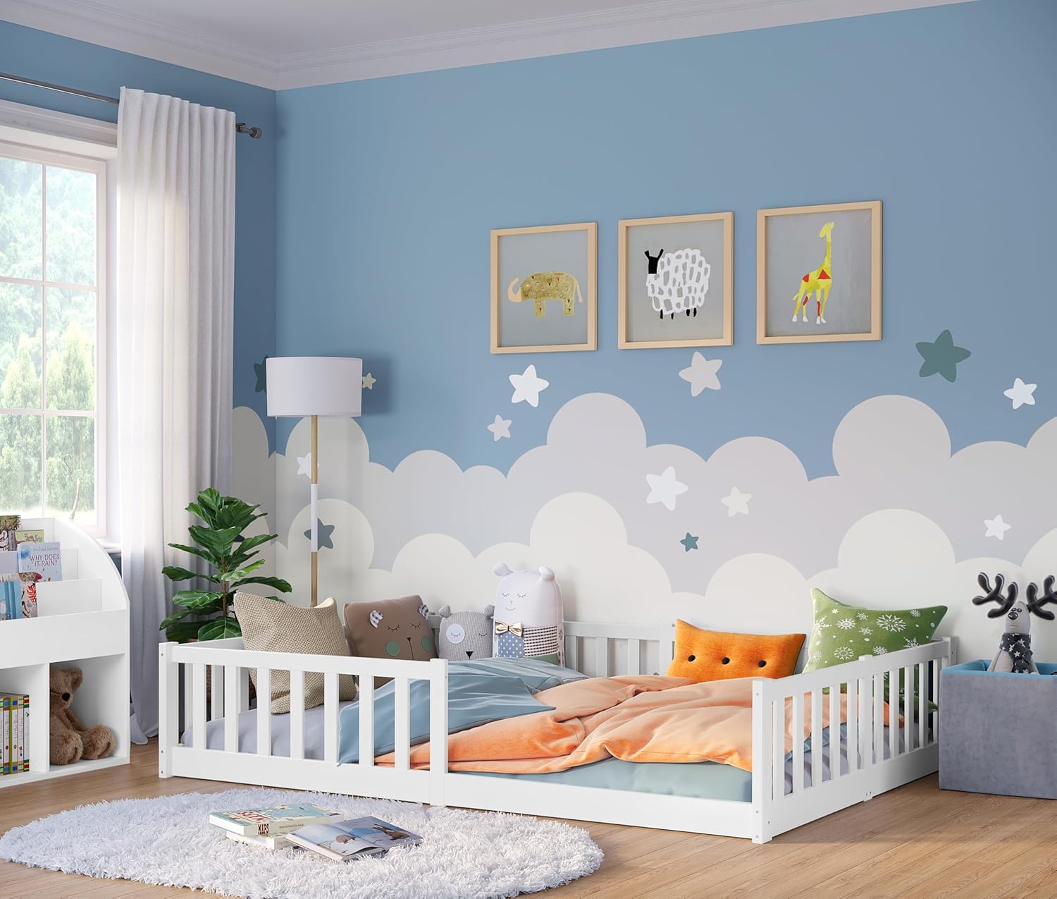 Bellabino Vere Letto a Pavimento 140x200 Montessori, Letto Matrimoniale con Protezione Anticaduta e Rete a Doghe, Letto per Bambini e Bambine in Legno Massello di Pino Bianco con Sbarre