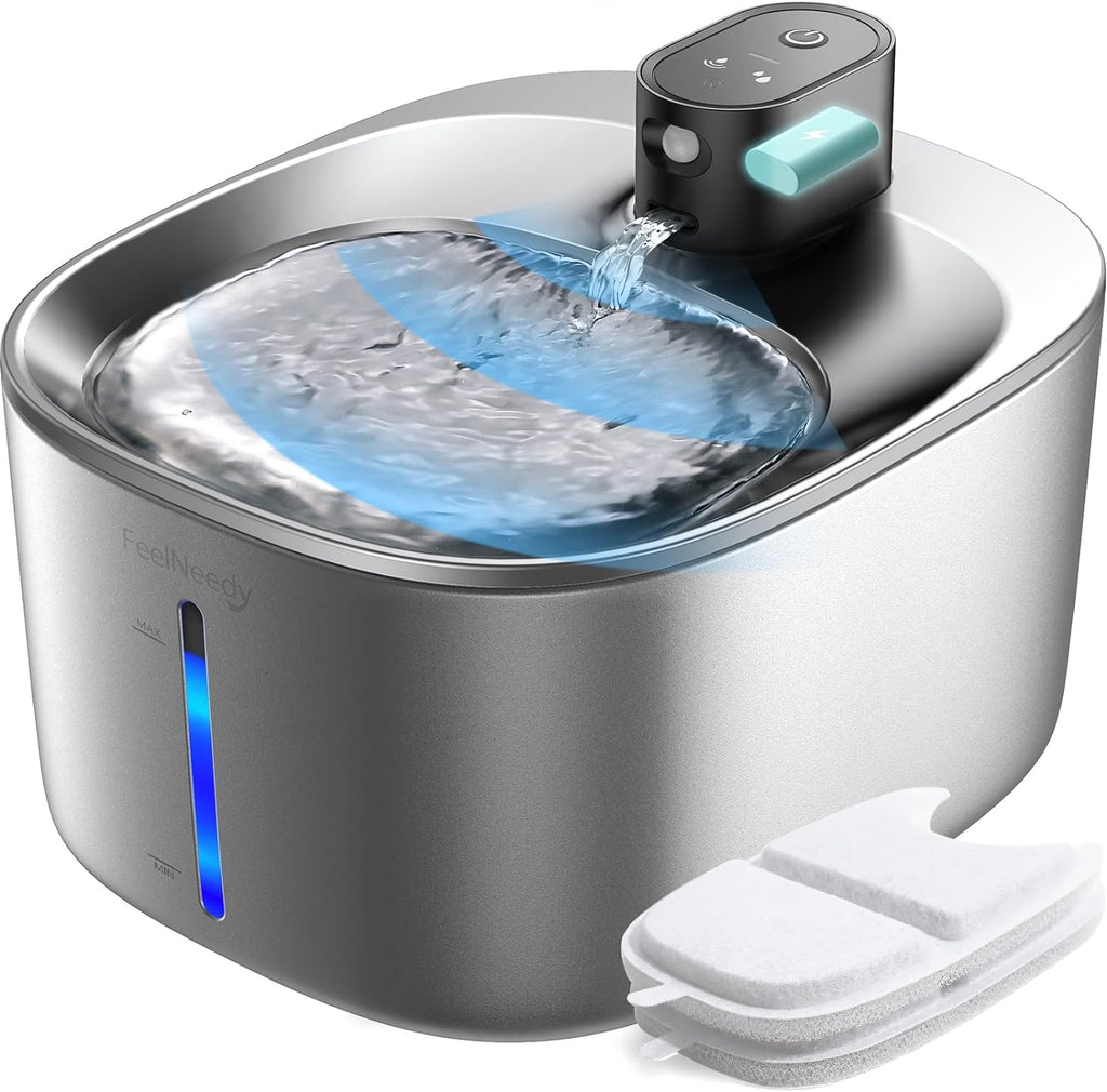 Fontana per Gatti Senza Fili con Sensore di Movimento a Batteria da 4000mAh, Fontana d'Acqua Silenziosa da 4L FEELNEEDY con Sensore di Movimento per Gatti e Cani Piccoli, Vasca d'Acqua in Acciaio Inossidabile, 2 Filtri