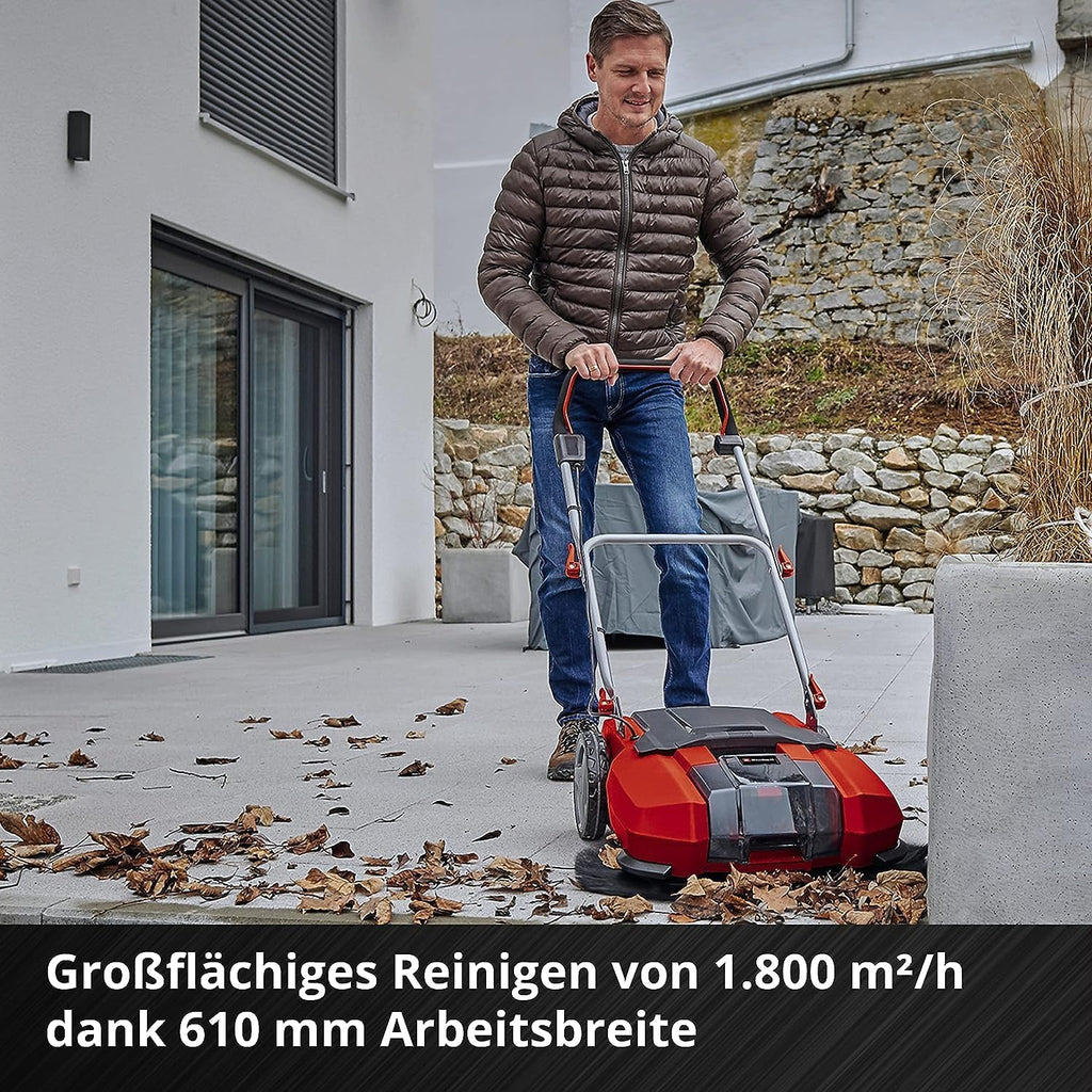Einhell Spazzatrice a batteria TE-SW 18/610 Li-Solo Power X-Change (18 V, Li-Ion, serbatoio sporco 20 L, larghezza di lavoro 61 cm, posizione di parcheggio, manico regolabile, labbro rimovibile, interruttore on-off), Rosso