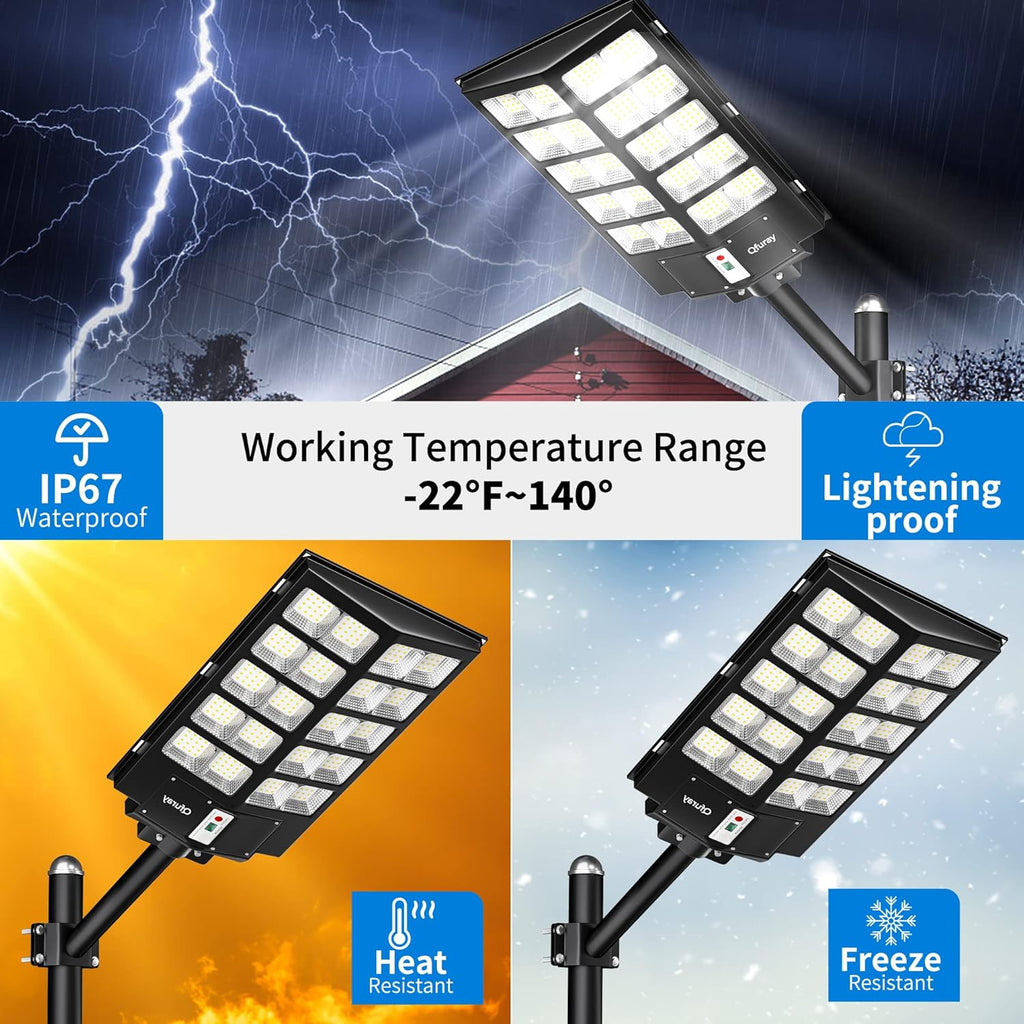 Ofuray 2000W Solar Straßenlaterne für Außen, 200000LM Solarlampen für Außen mit Bewegungsmelder, 6500K Solarleuchten Dämmerung bis zum Morgengrauen, IP67 Wasserdichte wegeleuchte für Parkplatz, Hof