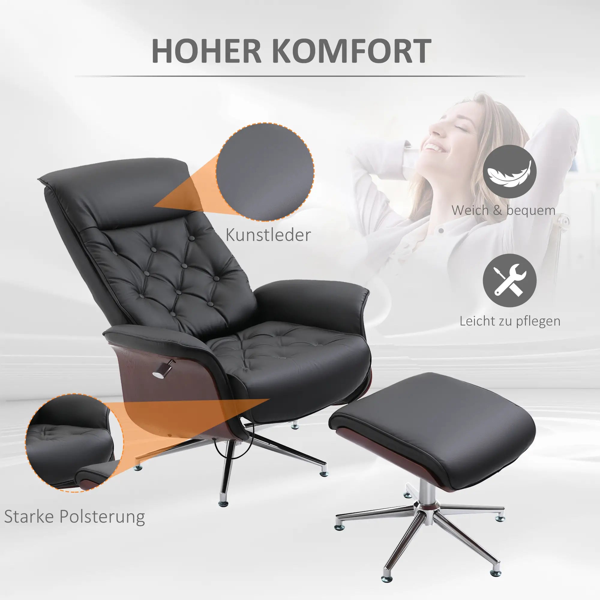 Poltrona relax HOMCOM con poggiapiedi girevole a 360°, reclinabile a 145°, stile Chesterfield