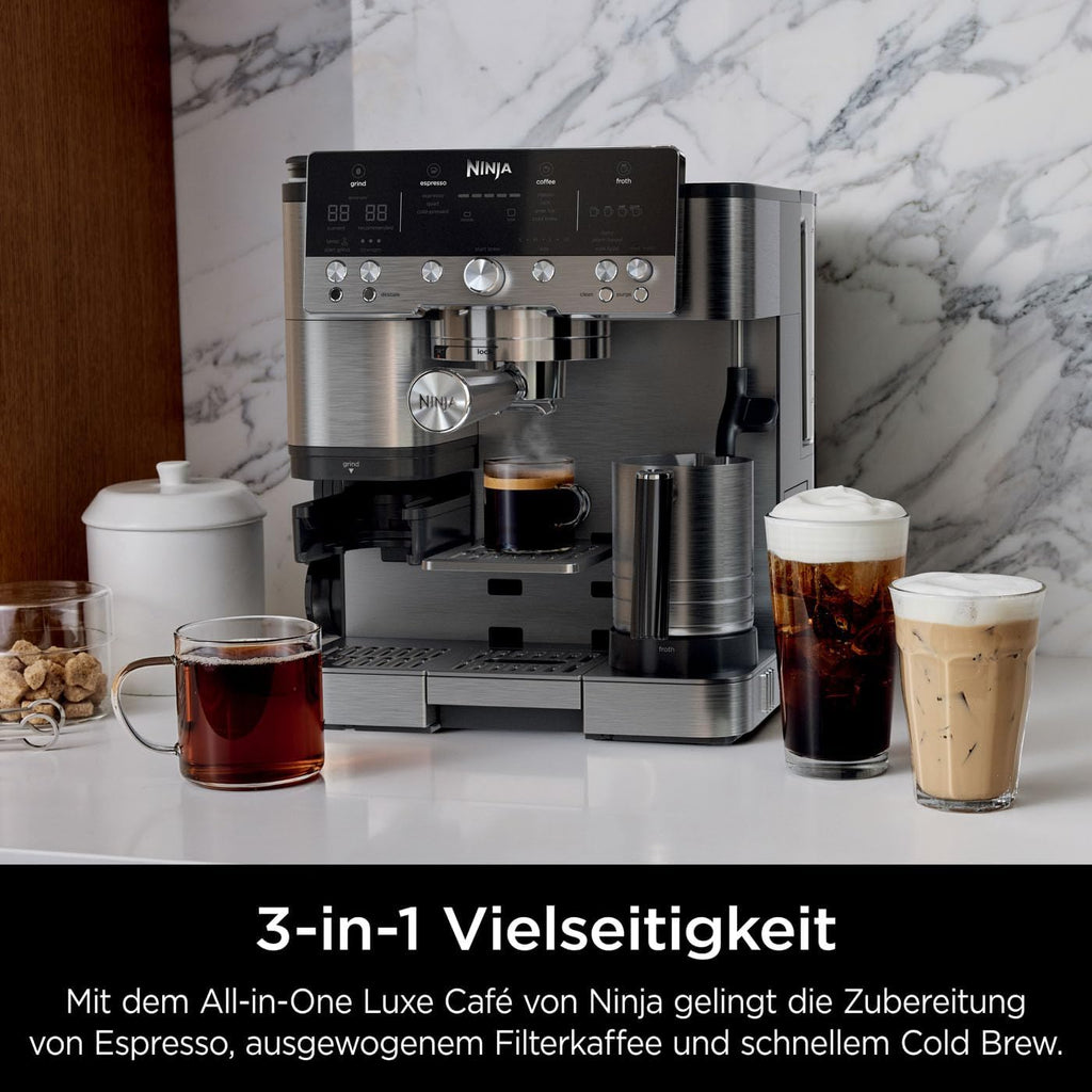 Ninja Luxe Essential Macchina da caffè 2-in-1 con macinacaffè e montalatte per latte, cappuccino ed espresso, facile da usare, 2 impostazioni predefinite per la schiuma, argento, ES501EU