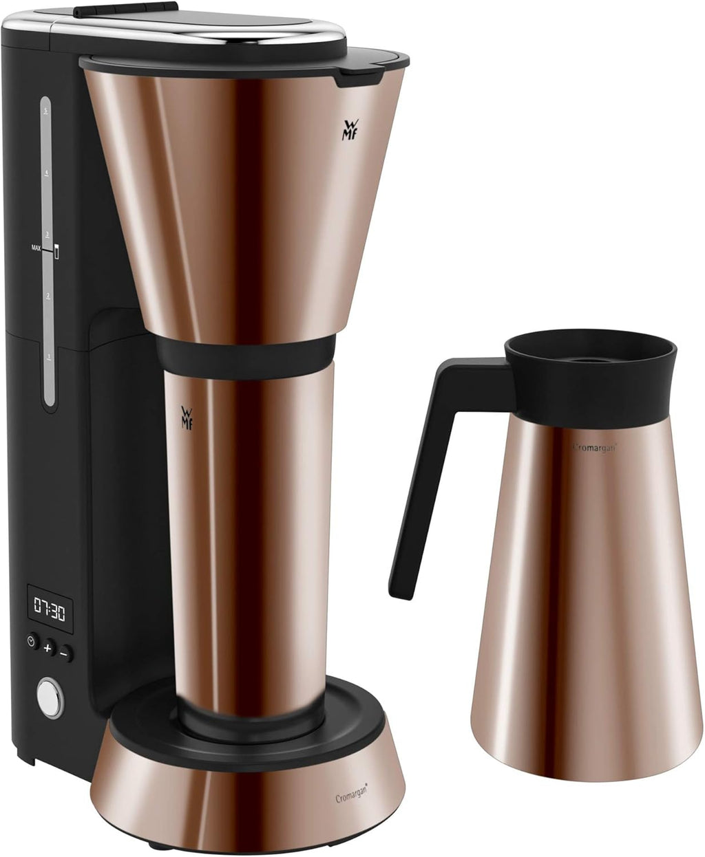 WMF Küchenminis Macchina da caffè con filtro Aroma, 870 Watt, Cromargan opaco e Tostapane 1 fetta a fessura lunga Küchenminis per Toast XXL, accessorio per panini, 7 livelli di doratura, protezione surriscaldamento 600W, Acciaio inox opaco