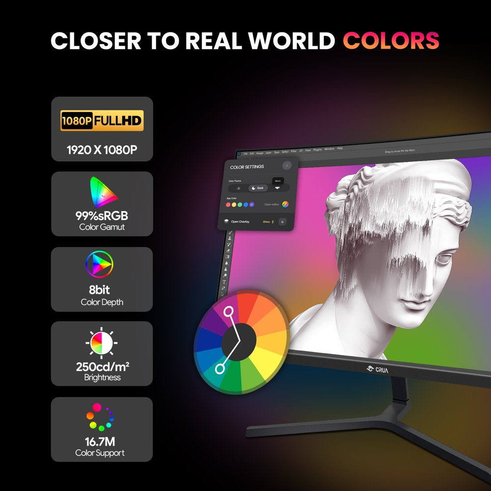Monitor gaming curvo CRUA da 24" 180 Hz - Monitor per computer FHD 1080P senza cornice, AMD Freesync, bassa sfocatura di movimento, porta DP e HDMI, nero
