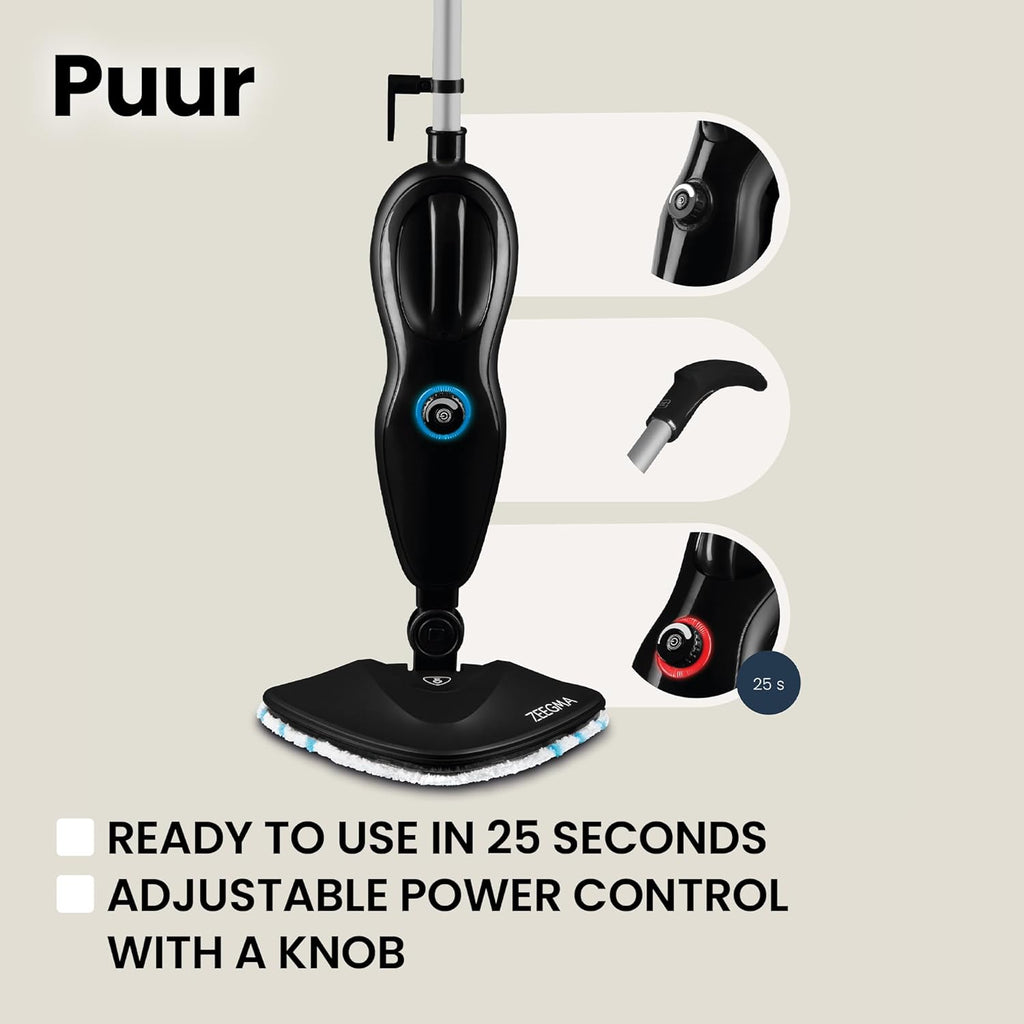 Zeegma PUUR Pulitore a Vapore, Pulizia Senza Prodotti Chimici, Pronto all'Uso in 25 Secondi, 7 Accessori Diversi, 2 Filtri per l'Acqua, Lunghezza Cavo 5m, Potenza 1500 W