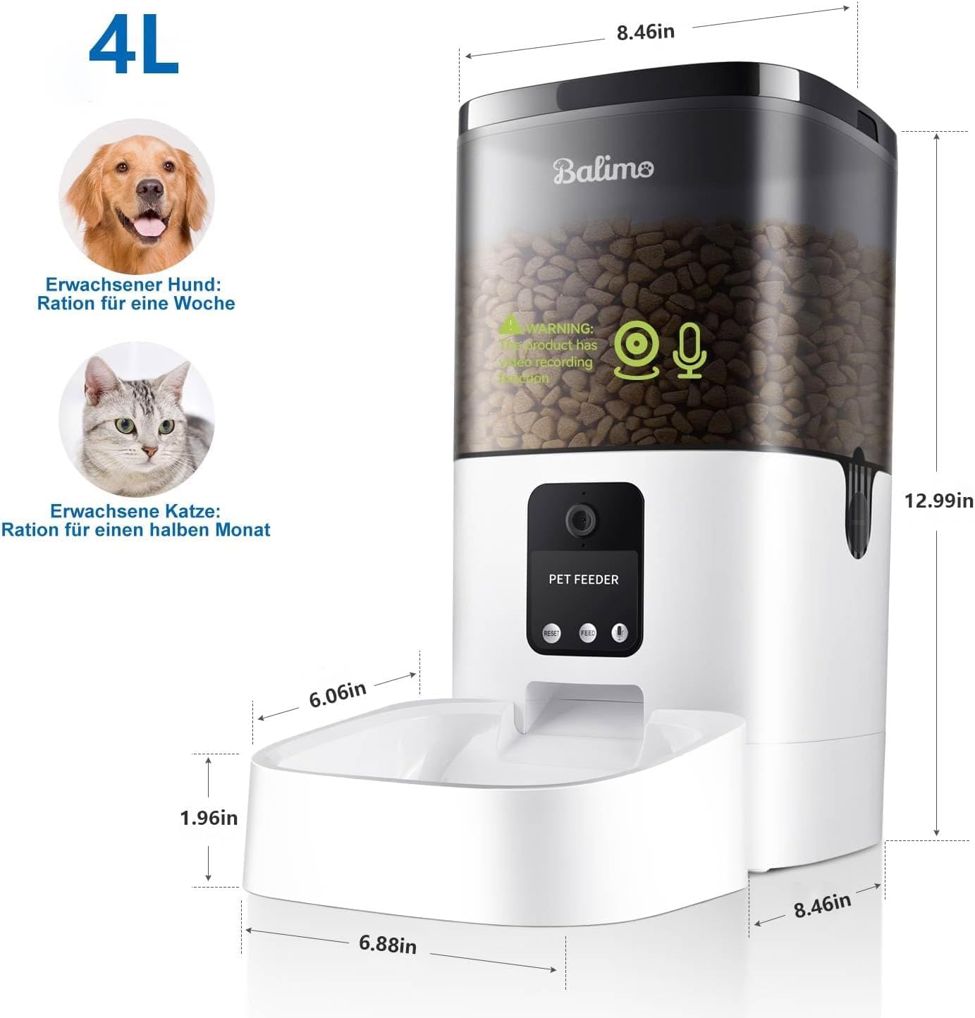 Balimo Futterautomat Katze mit HD 1080P Video, 2,4 G WLAN Katzenfutter Automat mit APP Steuerung und Nachtsicht, 4L futterspender Katze, Katzen Futterautomaten mit Edelstahlnapf, 8 Mahlzeiten pro Tag