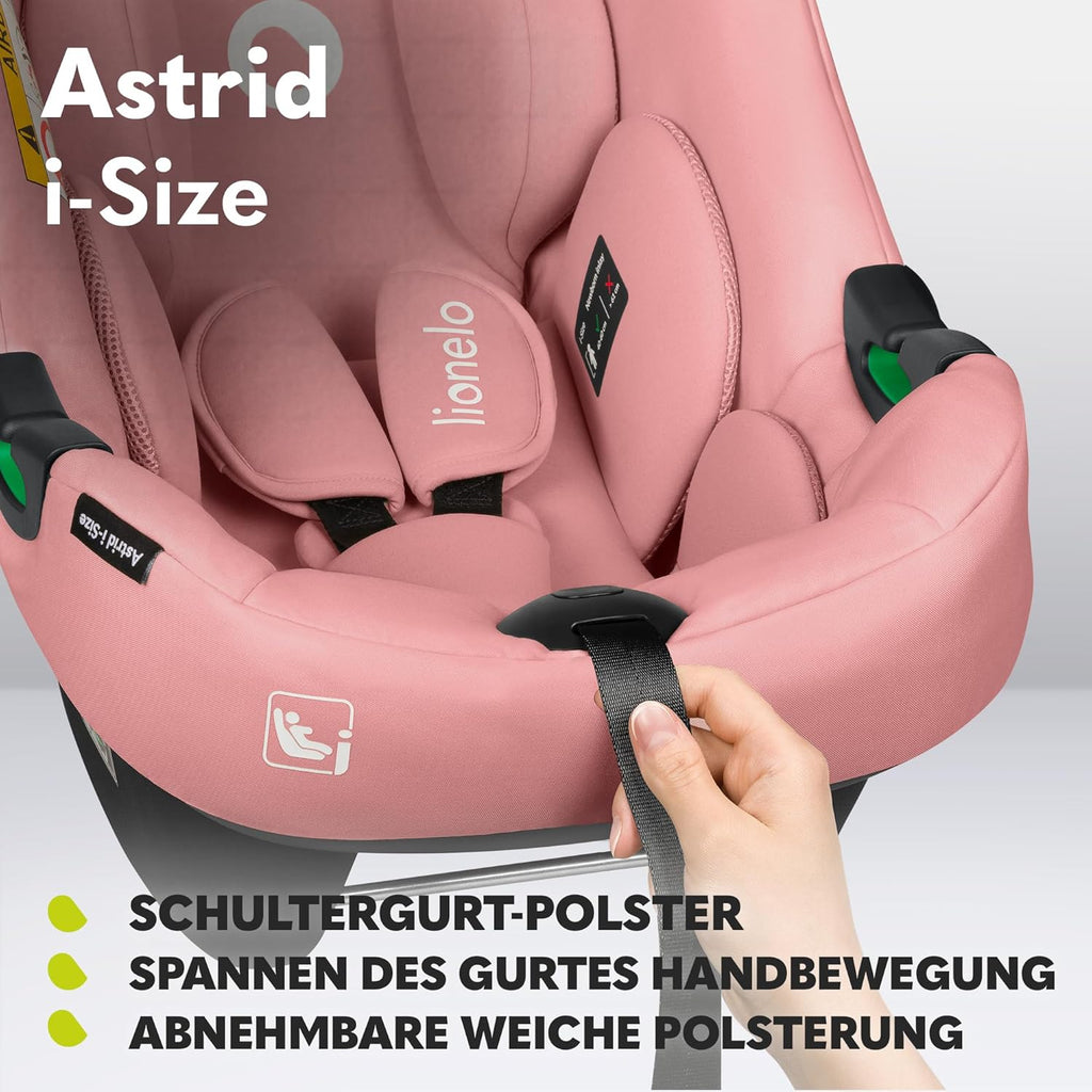 LIONELO ASTRID i-Size SET Seggiolino Auto con Base 40-87 cm Ovetto ISOFIX, Cinture a 3 Punti, Protezione Laterale, Riduttore Dri-Seat, i-Size R129