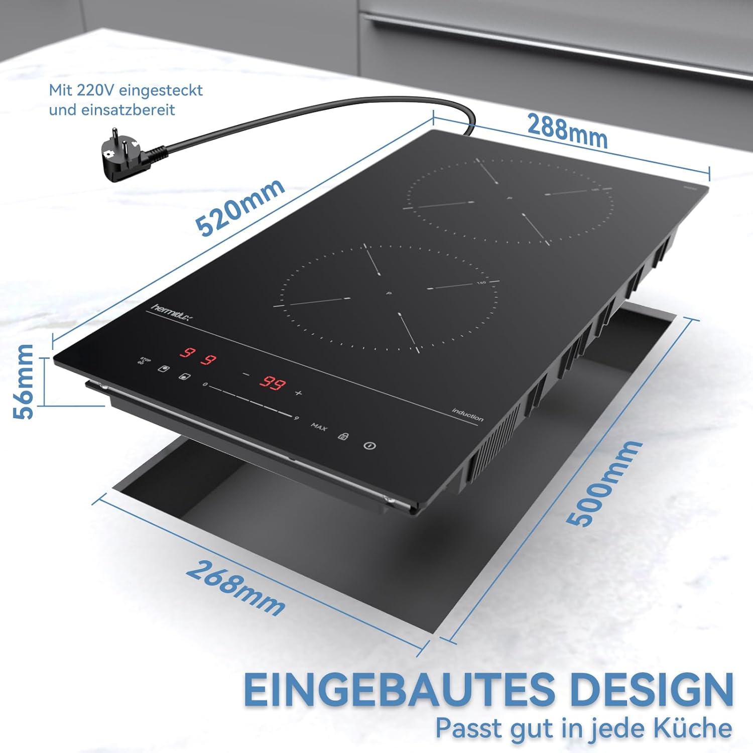 Induktionskochfeld 60cm, Eingebautes Schwarzes elektrisches Kochfeld, mit 4 Kochzonen, 9 Leistungsstufen, Geeignet für Eisen- und Edelstahltpf
