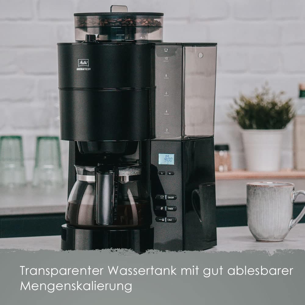 Melitta AromaFresh - Macchina da caffè con filtro - con caraffa in vetro - macinacaffè integrato - funzione timer - 10 tazze - Pure Black