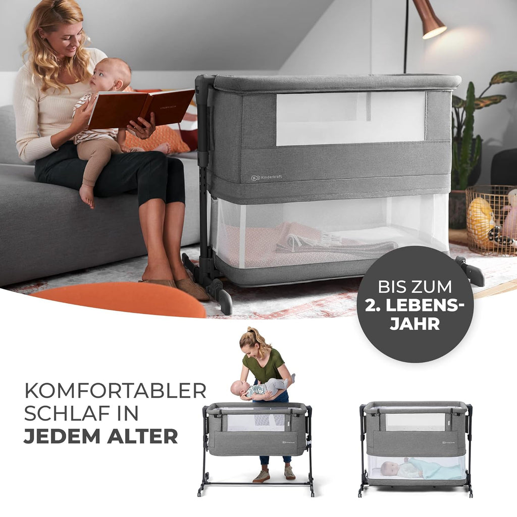 Kinderkraft NESTE GROW Lettino 3 in 1, Lettino da affiancare, Lettino da neonato dalla nascita fino a 2 anni, con materasso, borsa per il trasporto, ruote, regolazione dell'altezza a 5 livelli, angolo del materasso regolabile, Beige