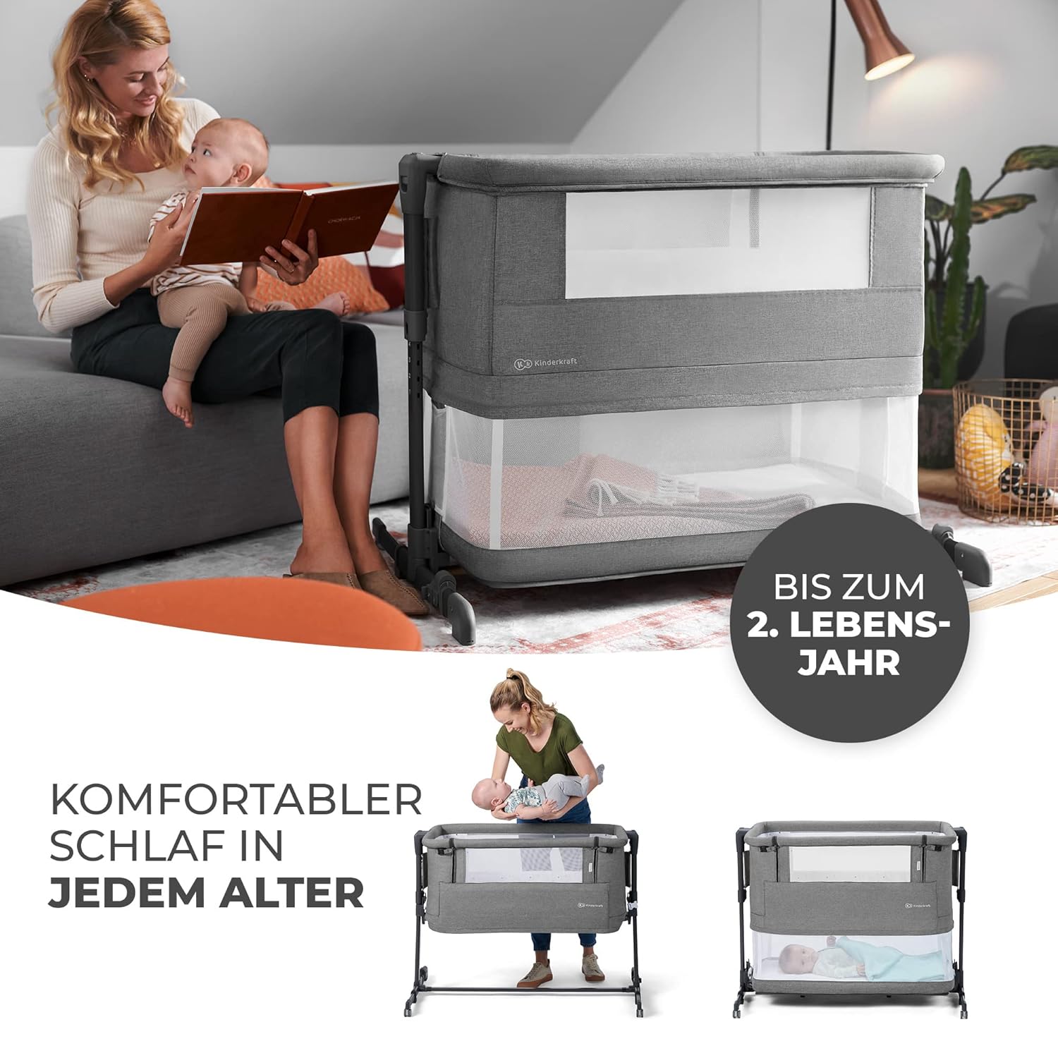 Kinderkraft NESTE GROW Lettino 3 in 1, Lettino da affiancare, Lettino da neonato dalla nascita fino a 2 anni, con materasso, borsa per il trasporto, ruote, regolazione dell'altezza a 5 livelli, angolo del materasso regolabile, Beige