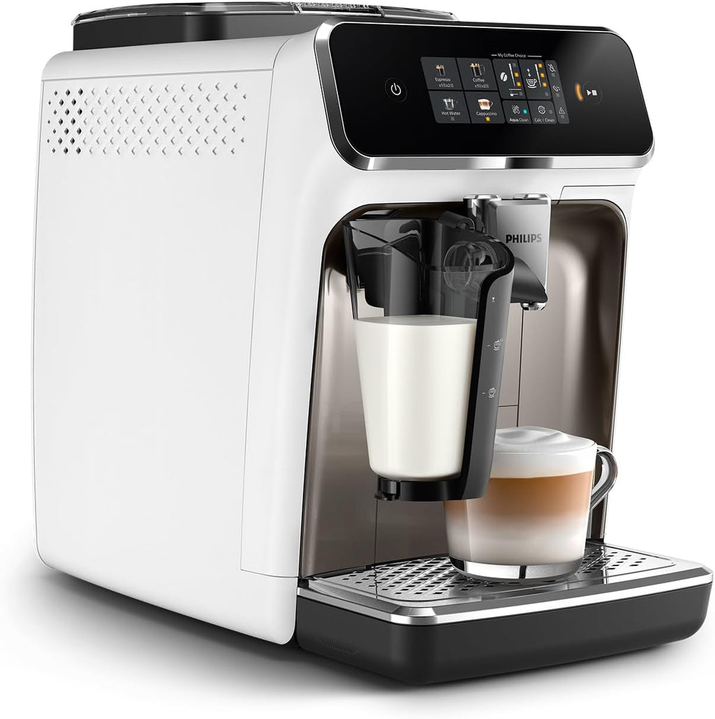 Macchina da caffè espresso automatica Philips Serie 2300 - 4 bevande, display touch a colori moderno, sistema del latte LatteGo, SilentBrew, macine in ceramica, filtro AquaClean. Cromata bianca (EP2333/40)