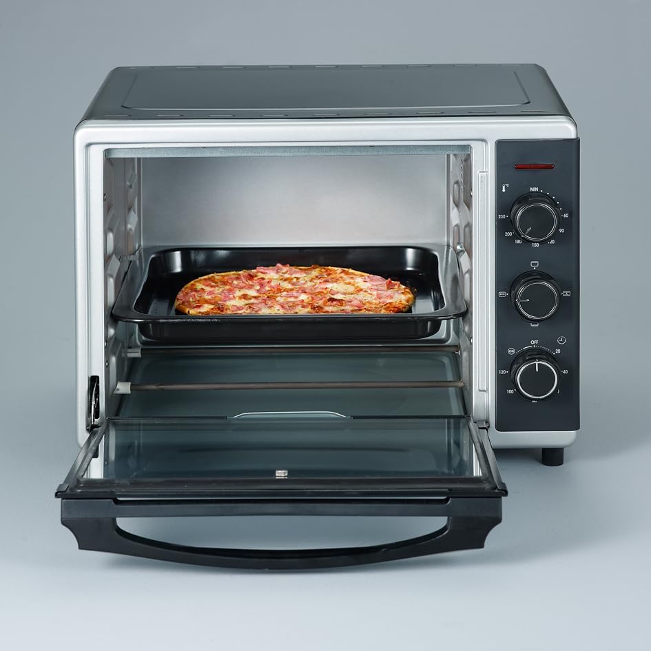SEVERIN Forno e Tostapane con funzione ventilata, Mini Forno con griglia, teglia da forno, spiedo rotante e pietra per pizza, forno ventilato versatile con capacità di 42 L, 1.800 W, nero, TO 2058