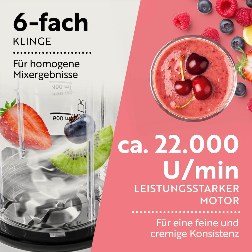 GOURMETmaxx Frullatore per Smoothie e Frullatore a Immersione Set da 18 pezzi - 400W | Frullatore Elettrico da 750ml, Mixer con 4 Bicchiere To-Go, 2 Lame, Spremiagrumi, Piedistallo e Coperchio | Lavabile in Lavastoviglie, a Prova di Perdite e Senza BPA
