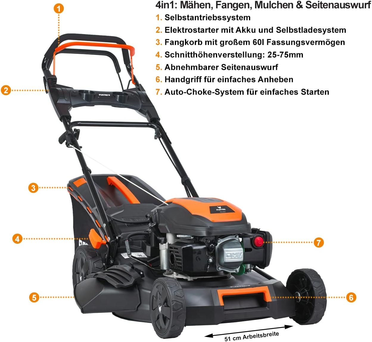 FUXTEC Tosaerba a Benzina 4in1 FX-RM5196eSPRO con Avviamento Elettrico e Trazione Regolabile, Rasaerba con Paraurti Anteriore, Larghezza di Taglio 51 cm, Ruote Big Wheel con Cuscinetti a Sfera, Cesto Raccoglierba da 60L