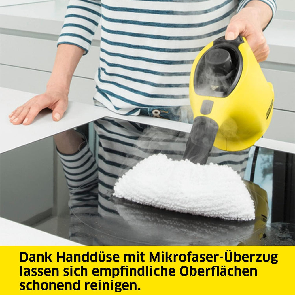 Pulitore a vapore Kärcher SC 1, pressione vapore: 3 bar, tempo di riscaldamento: 3 min., potenza: 1.200 W, resa per superficie: 20 m, serbatoio: 200 ml, con bocchetta manuale, a getto puntiforme e Power, panno in microfibra e spazzola rotonda