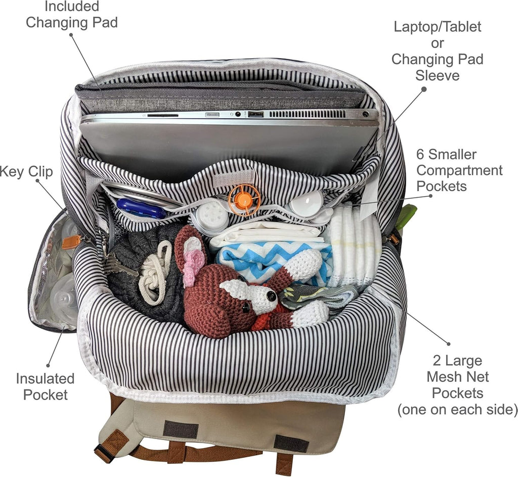 Cutie Tragetasche für Babys, Wickeltasche, Rucksack, Bio-Baumwolle, wasserdicht, mehrere Taschen, isoliert, mit gepolsterten Schultergurten, inklusive Kinderwagenriemen, cremefarben,Grau