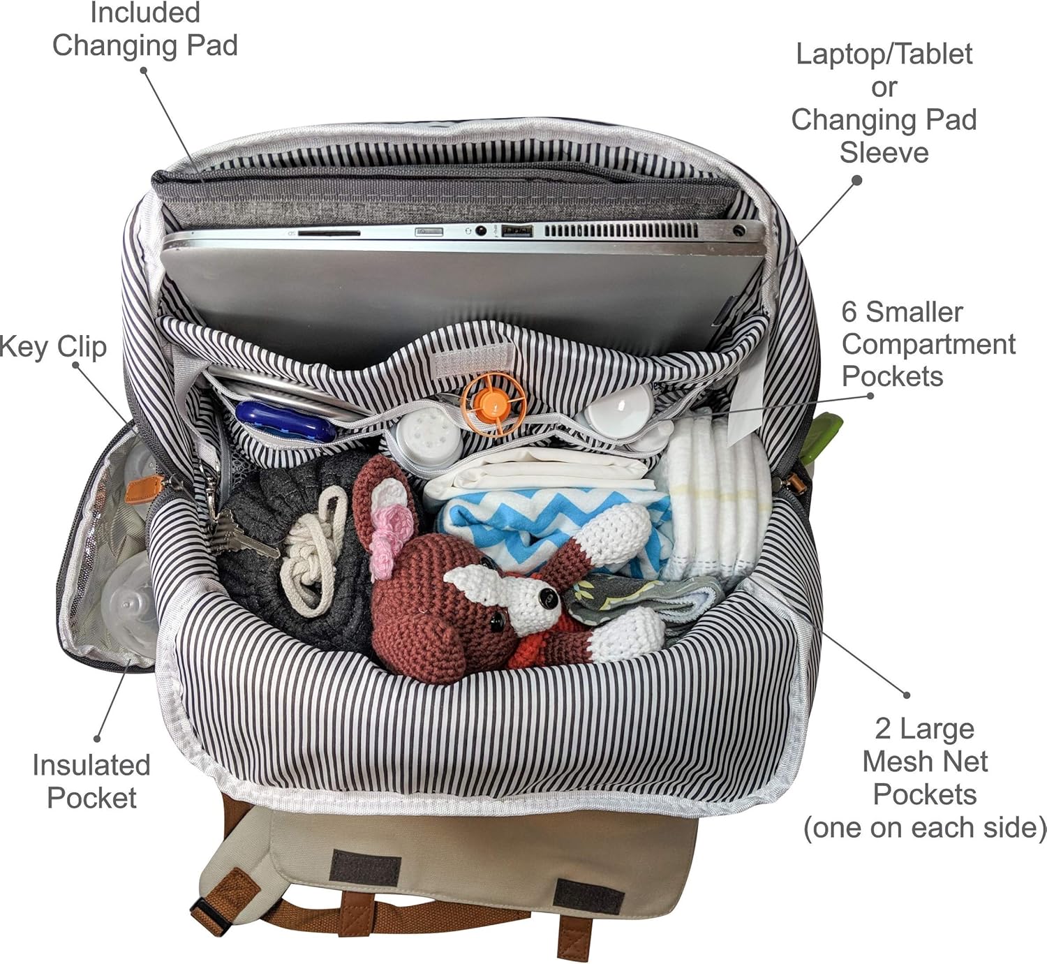 Cutie Tragetasche für Babys, Wickeltasche, Rucksack, Bio-Baumwolle, wasserdicht, mehrere Taschen, isoliert, mit gepolsterten Schultergurten, inklusive Kinderwagenriemen, cremefarben,Grau