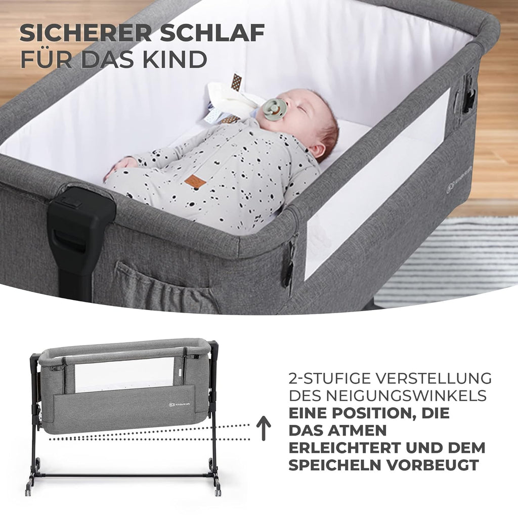 Kinderkraft NESTE GROW Lettino 3 in 1, Lettino da affiancare, Lettino da neonato dalla nascita fino a 2 anni, con materasso, borsa per il trasporto, ruote, regolazione dell'altezza a 5 livelli, angolo del materasso regolabile, Beige