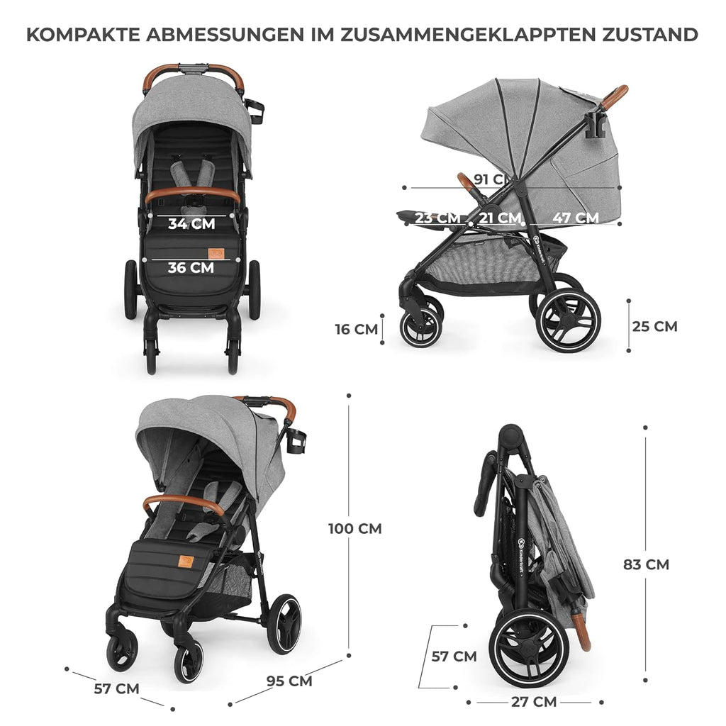 Kinderkraft GRANDE PLUS Passeggino Kinderkraft dalla nascita fino a 22 kg, chiusura con una mano, posizione reclinata, cappottina grande con finestra, tutte e 4 le ruote ammortizzate, seduta spaziosa, Grigio