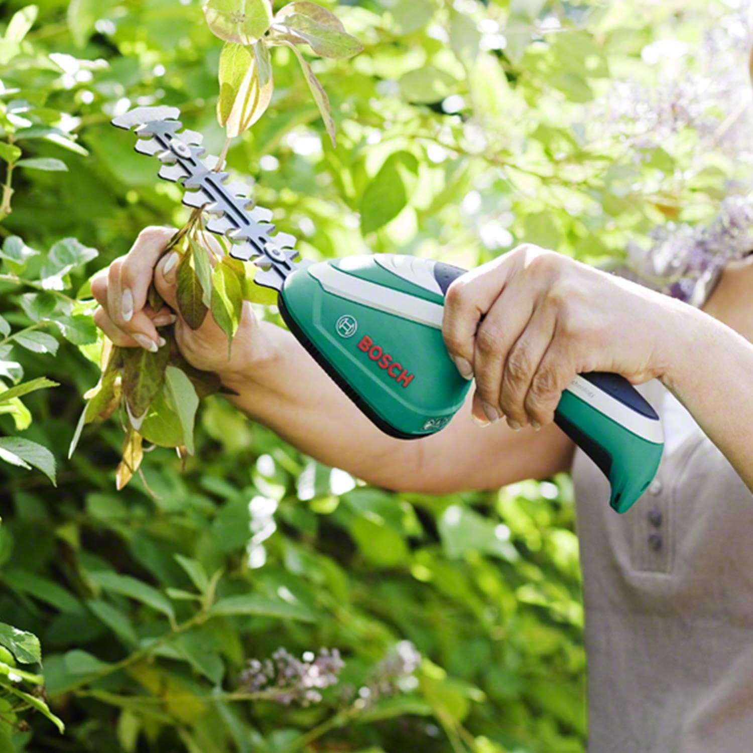 Set di tosaerba a batteria Bosch Isio (3,6 Volt, lunghezza lama 12 cm, distanza tra i denti 8 mm, con guanti da giardinaggio XL inclusi, in softcase) - Amazon Edition