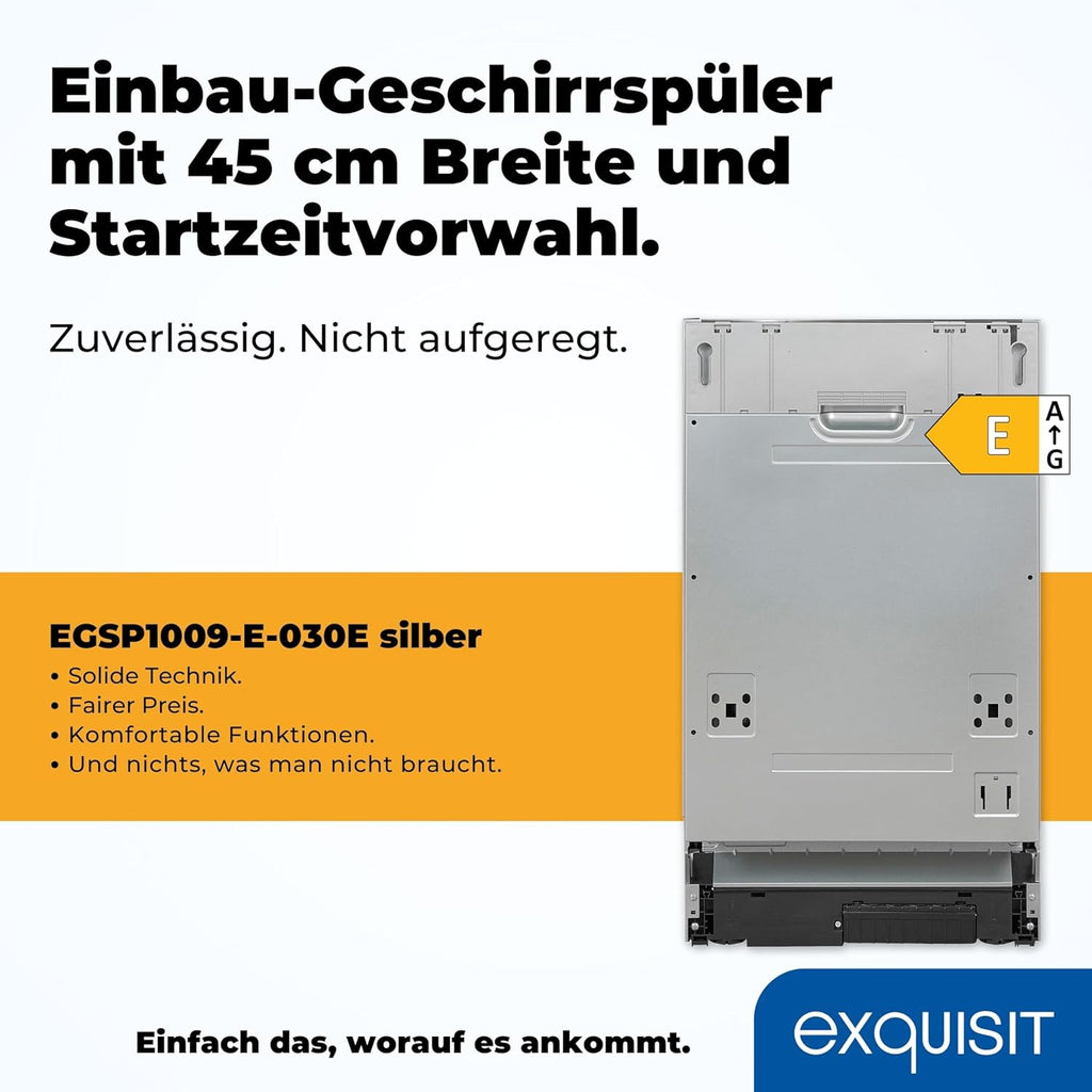 Lavastoviglie Exquisit, 45 cm di larghezza, parzialmente integrata, 9 coperti, 9 litri, partenza ritardata, modalità ECO, lavastoviglie 45 cm, EGSP51009-EB-030E inox