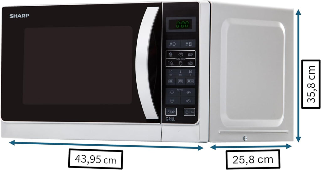 Sharp Libera installazione, R642BKW Forno a microonde 2 in 1 con grill / 20 L / 800 W / Grill al quarzo da 1000 W / 8 programmi automatici / Timer / Blocco bambini / Modalità di risparmio energetico / Piatto girevole in vetro (25,5 cm) / nero