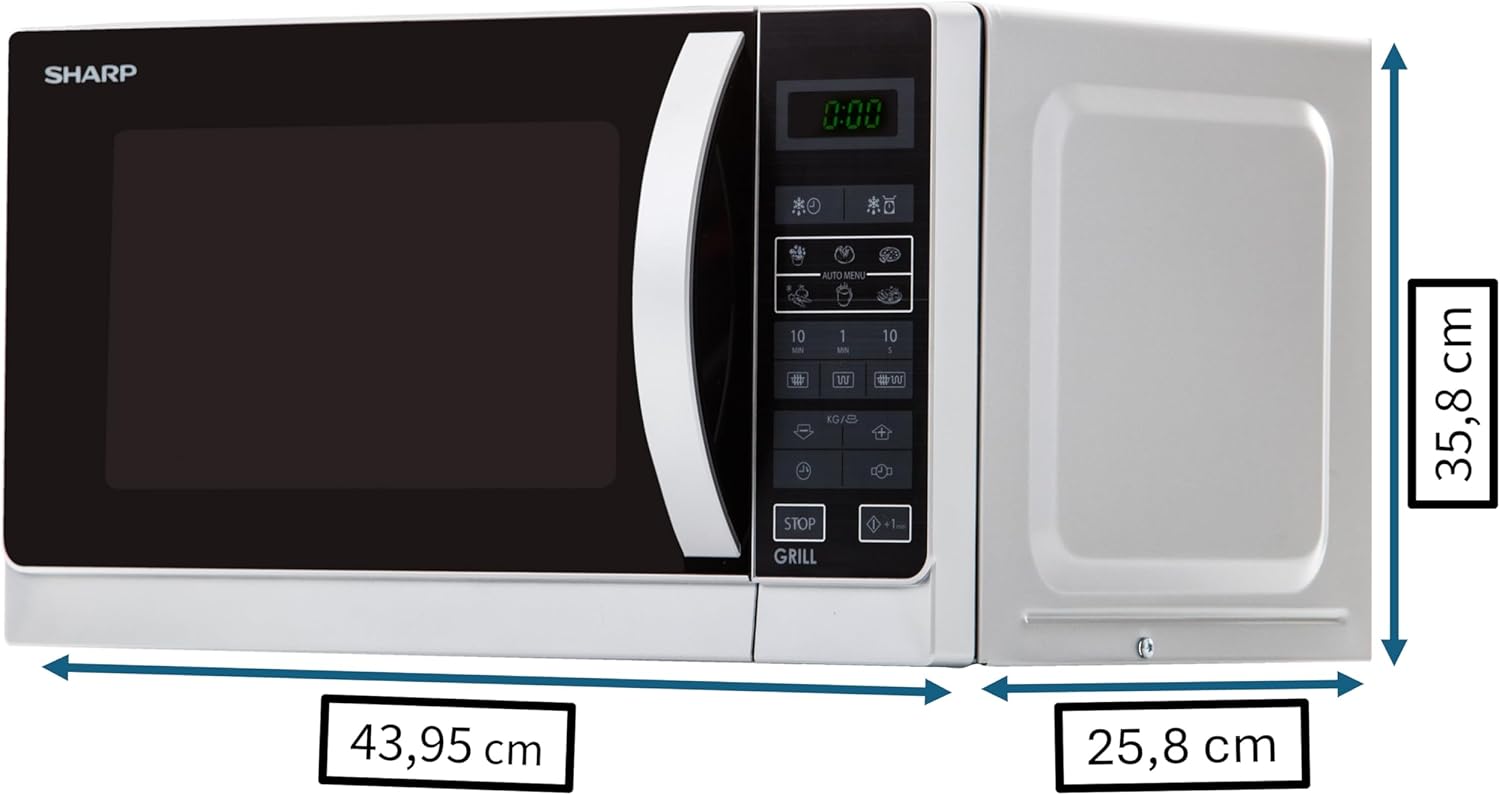 Sharp Libera installazione, R642BKW Forno a microonde 2 in 1 con grill / 20 L / 800 W / Grill al quarzo da 1000 W / 8 programmi automatici / Timer / Blocco bambini / Modalità di risparmio energetico / Piatto girevole in vetro (25,5 cm) / nero