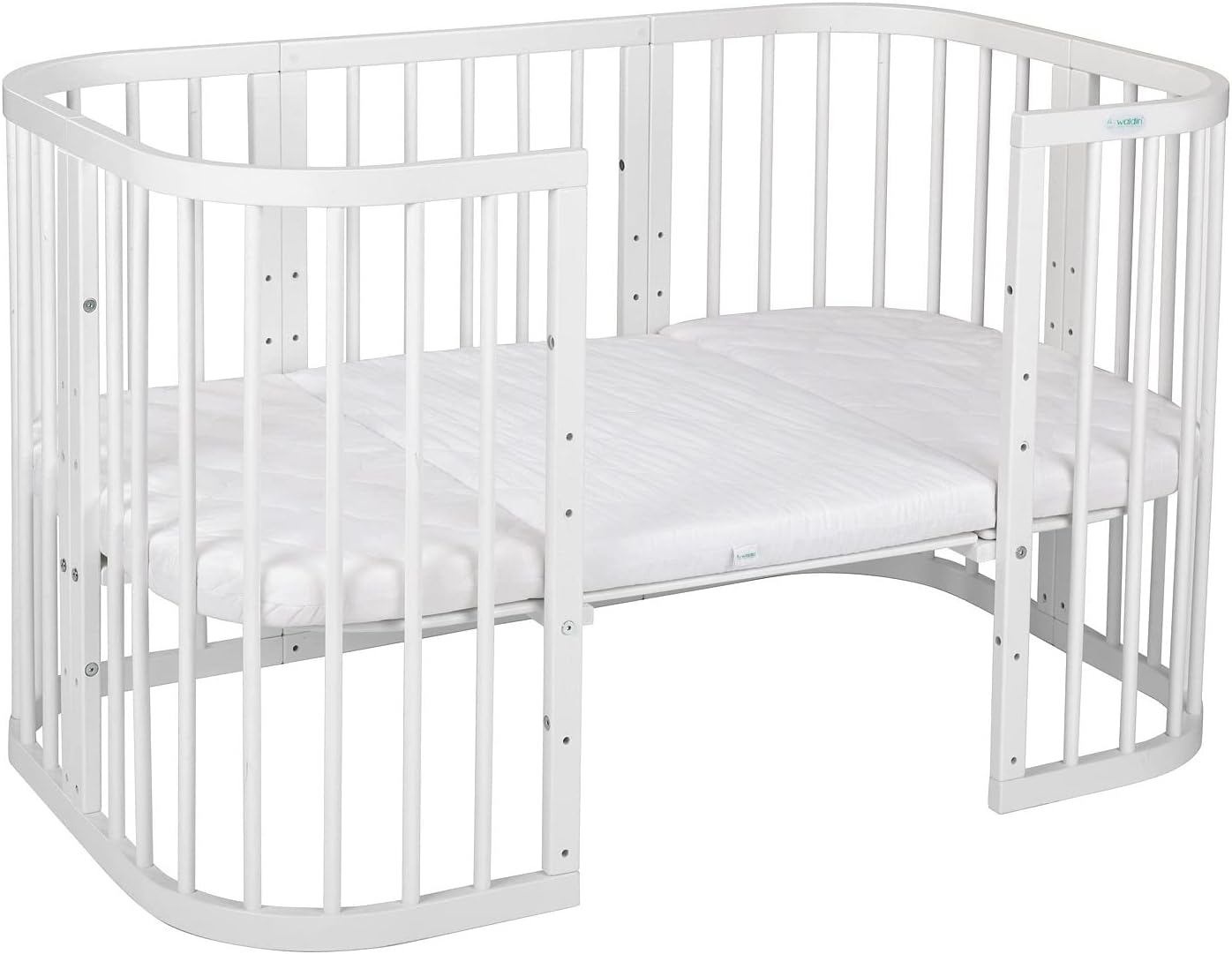 Waldin Lettino per bambini in legno 7in1 con materasso, Letto "Cresci con me", Ventilato, Base regolabile in 5 altezze, Set All-Inclusive, Legno Bianco