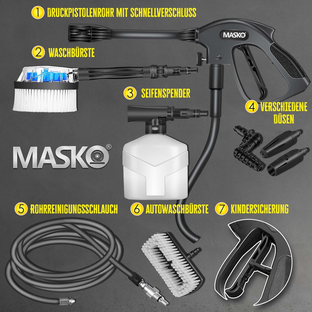 MASKO® Idropulitrice 2200 Watt 165 bar 450 l/h, con avvolgitubo 10m, set accessori 9 pezzi, con serbatoio per sapone e ugello schiumogeno, pistola ad alta pressione per auto/recinzioni/giardino/pati (Grigio)