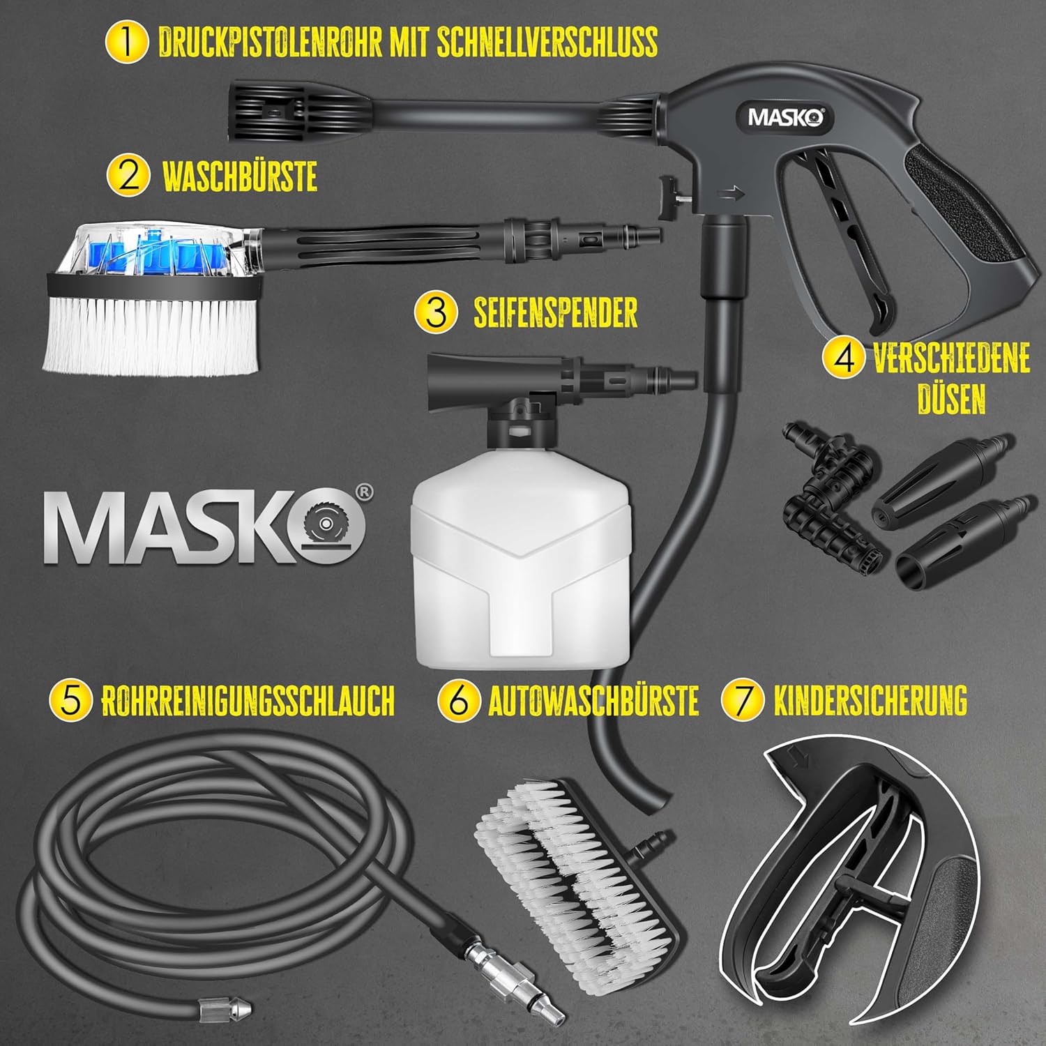 MASKO® Idropulitrice 2200 Watt 165 bar 450 l/h, con avvolgitubo 10m, set accessori 9 pezzi, con serbatoio per sapone e ugello schiumogeno, pistola ad alta pressione per auto/recinzioni/giardino/pati (Grigio)