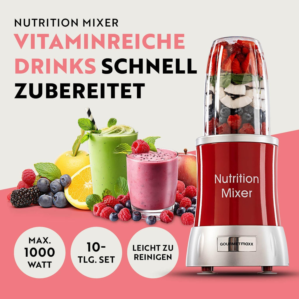 GOURMETmaxx Frullatore per Smoothie e Frullatore a Immersione Set da 18 pezzi - 400W | Frullatore Elettrico da 750ml, Mixer con 4 Bicchiere To-Go, 2 Lame, Spremiagrumi, Piedistallo e Coperchio | Lavabile in Lavastoviglie, a Prova di Perdite e Senza BPA