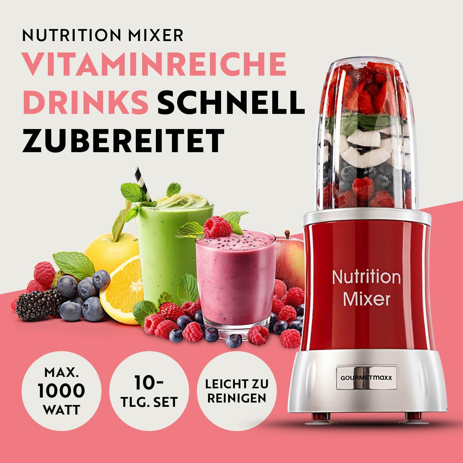GOURMETmaxx Frullatore per Smoothie e Frullatore a Immersione Set da 18 pezzi - 400W | Frullatore Elettrico da 750ml, Mixer con 4 Bicchiere To-Go, 2 Lame, Spremiagrumi, Piedistallo e Coperchio | Lavabile in Lavastoviglie, a Prova di Perdite e Senza BPA