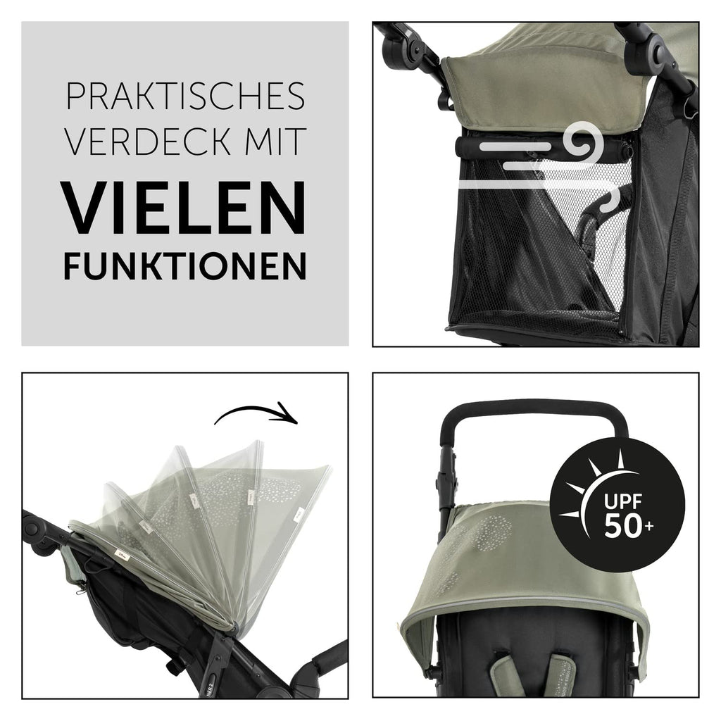 hauck Passeggino Runner 2, Passeggino a tre ruote con ruote pneumatiche XL per bambini fino a 22 kg, Protezione UV 50+, Finestra di ventilazione, Regolabile in altezza, Pieghevole, Cestino XL fino a 3 kg, Funzione reclinabile (Nero)