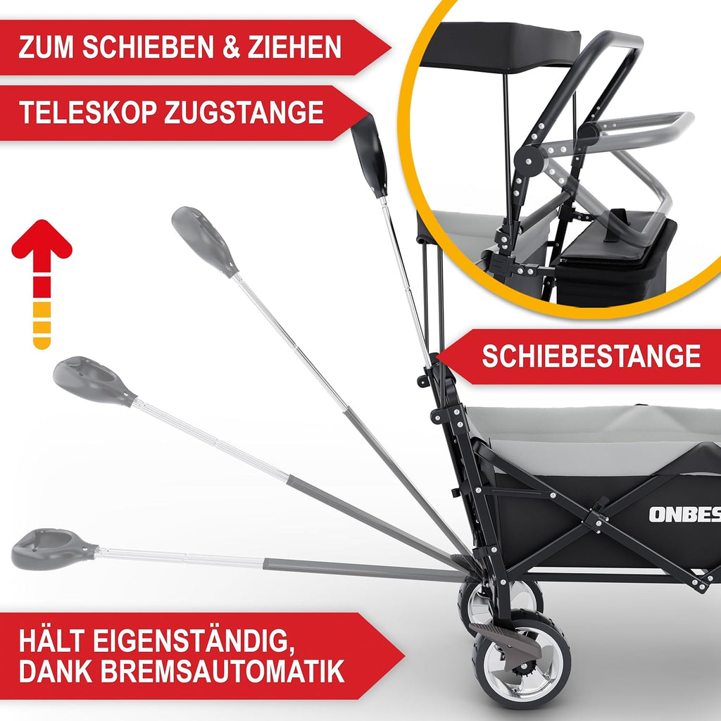 ONBEST Carretto Pieghevole - Con Parapioggia - Carrello Pieghevole con Tetto 100 kg di Carico - Tetto Parasole - Borsa Termica - Portabicchieri - Outdoor - Carrello da Spiaggia Pieghevole (Nero)