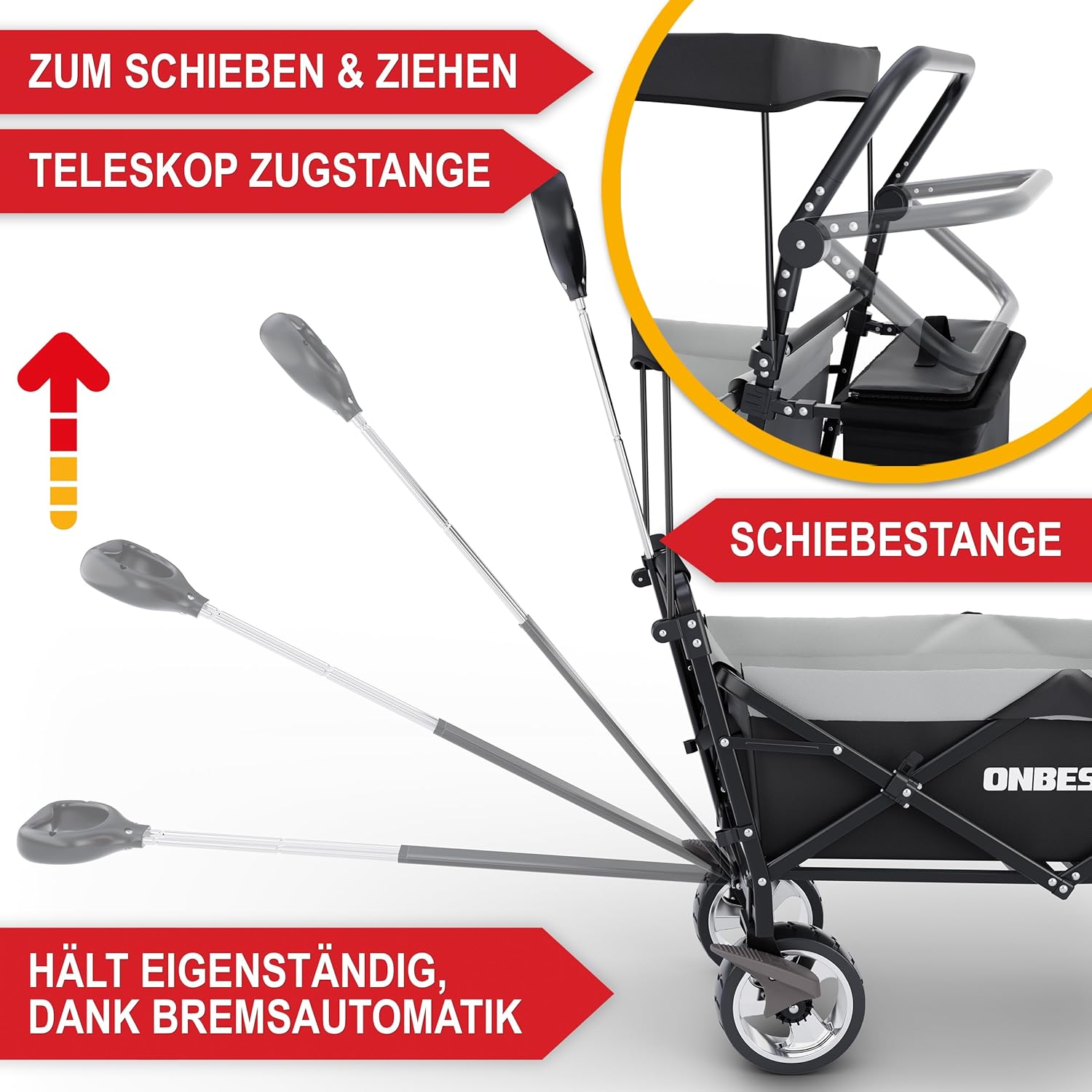 ONBEST Carretto Pieghevole - Con Parapioggia - Carrello Pieghevole con Tetto 100 kg di Carico - Tetto Parasole - Borsa Termica - Portabicchieri - Outdoor - Carrello da Spiaggia Pieghevole (Nero)