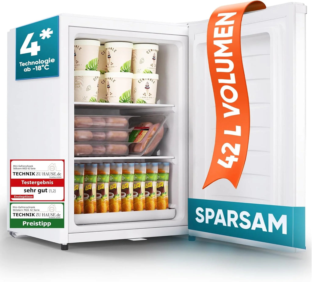 Stillstern Mini Congelatore (42L) -18°C, Vaschetta per Ghiaccio, Serratura, Porta Reversibile, Congelatore 4 Stelle per Campeggio/Ufficio Congelatore Piccolo Congelatore Compatto Congelatore Orizzontale