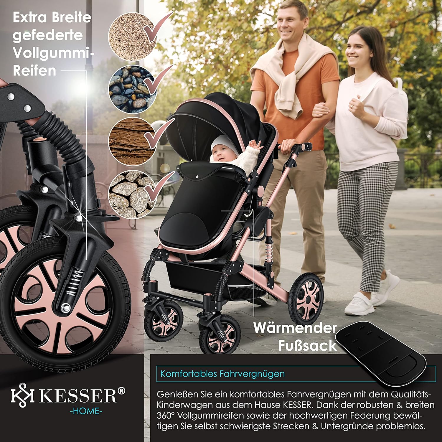 KESSER Passeggino trio Loops 3 in 1, set completo con navicella, seduta sportiva e seggiolino auto con pneumatici in gomma piena, borsa fasciatoio, parapioggia, tavolino, ECE R129, nero/champagne