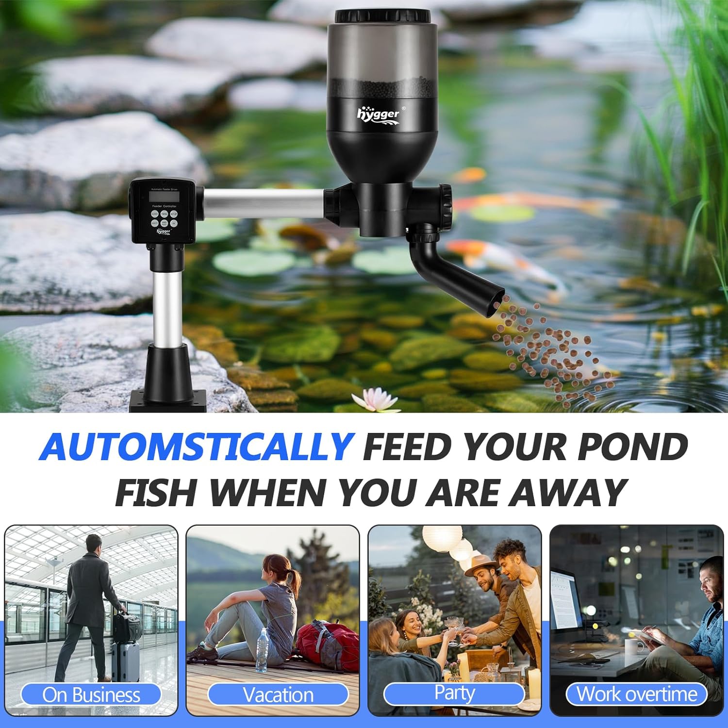 hygger Mangiatoia Automatica per Laghetto, Mangiatoia per Pesci Grande Programmabile da Esterno con Controller Display LCD, Distributore Automatico di Cibo per Pesci da 5,5 Litri per Laghetto Koi per Vacanze Weekend