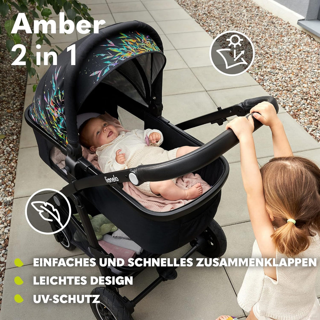 LIONELO Amber Kinderwagen 2 in 1 Kombikinderwagen, Kinderwagen Set mit sportlichen Sitz und fester Babywanne, Tasche, Moskitonetz, Abdeckung Regenblatt (Graphit)